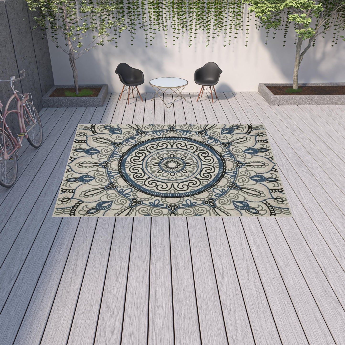 10' x 13' Blue and Beige Geometric Stain Resistant Indoor Outdoor Area Rug