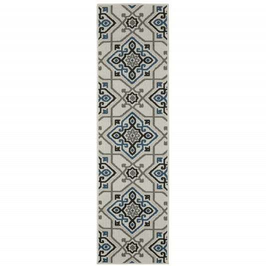 2' X 7' Blue and Beige Oriental Stain Resistant Indoor Outdoor Area Rug