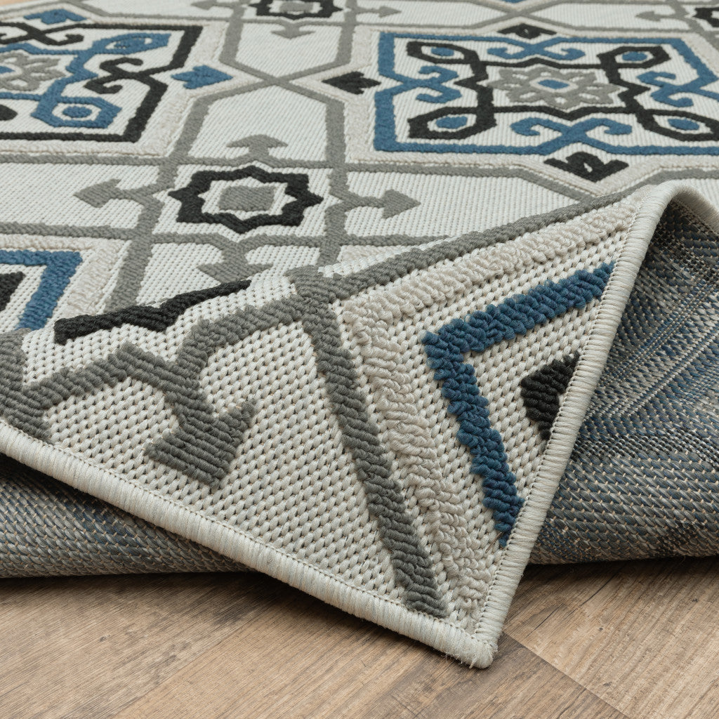 2' X 7' Blue and Beige Oriental Stain Resistant Indoor Outdoor Area Rug