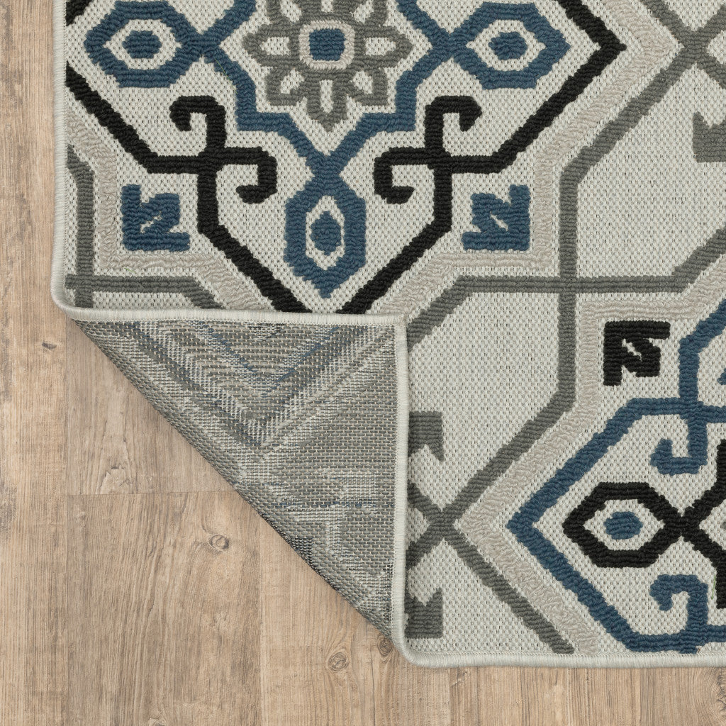 2' X 7' Blue and Beige Oriental Stain Resistant Indoor Outdoor Area Rug