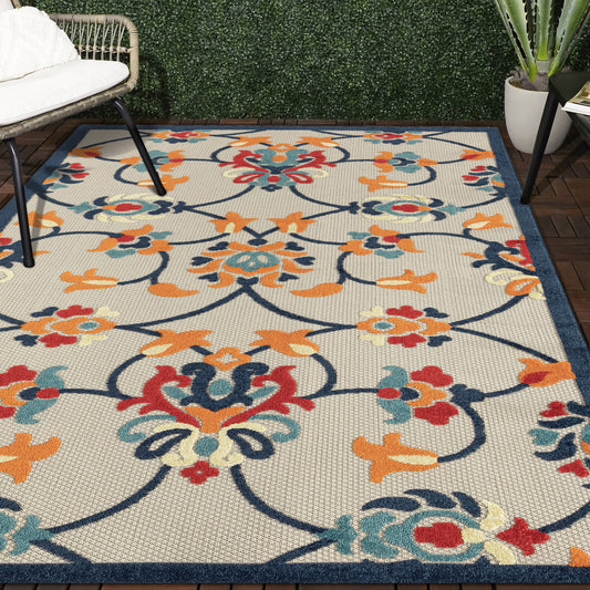 4' X 6' Blue And Orange Floral Non Skid Indoor Outdoor Area Rug