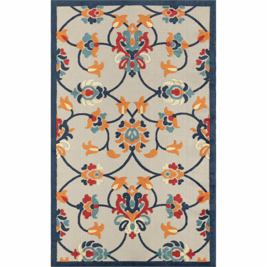 4' X 6' Blue And Orange Floral Non Skid Indoor Outdoor Area Rug