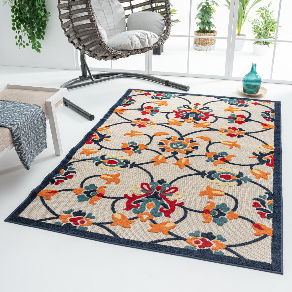 4' X 6' Blue And Orange Floral Non Skid Indoor Outdoor Area Rug