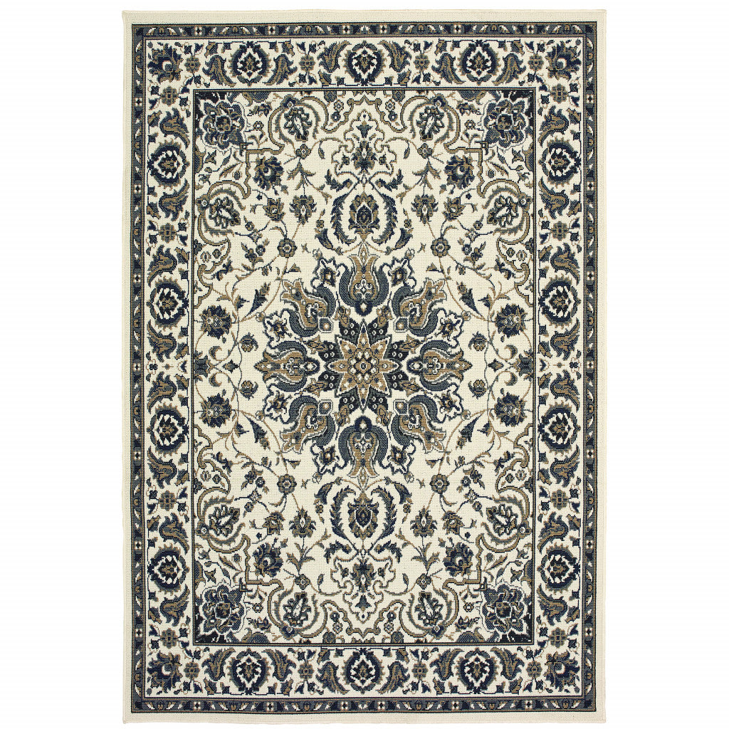 2' X 4' Ivory and Blue Oriental Stain Resistant Indoor Outdoor Area Rug