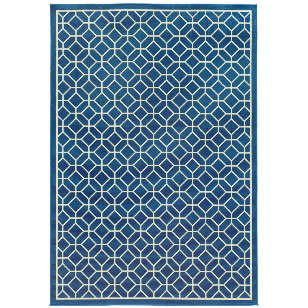 8' x 11' Blue and Ivory Geometric Stain Resistant Indoor Outdoor Area Rug