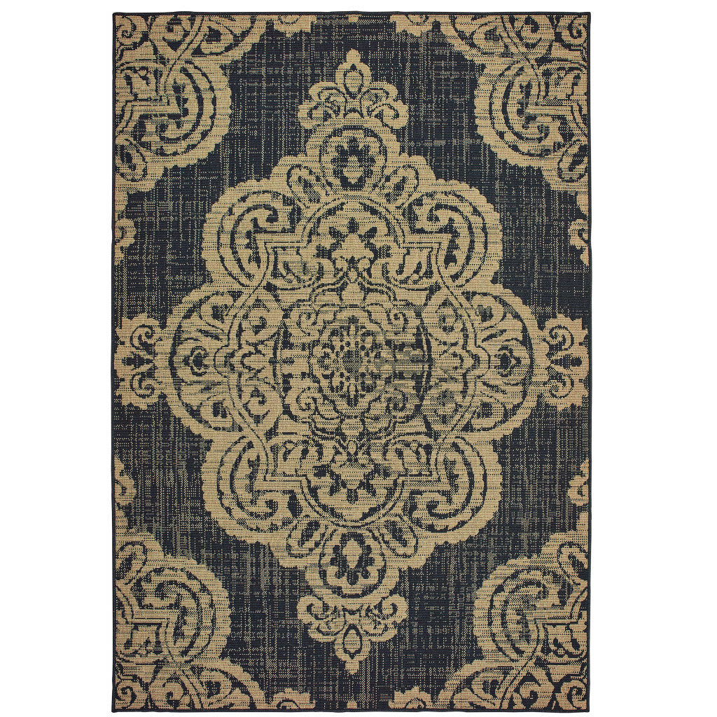 5' x 8' Black and Tan Oriental Stain Resistant Indoor Outdoor Area Rug