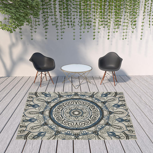 8' x 10' Blue and Beige Geometric Stain Resistant Indoor Outdoor Area Rug