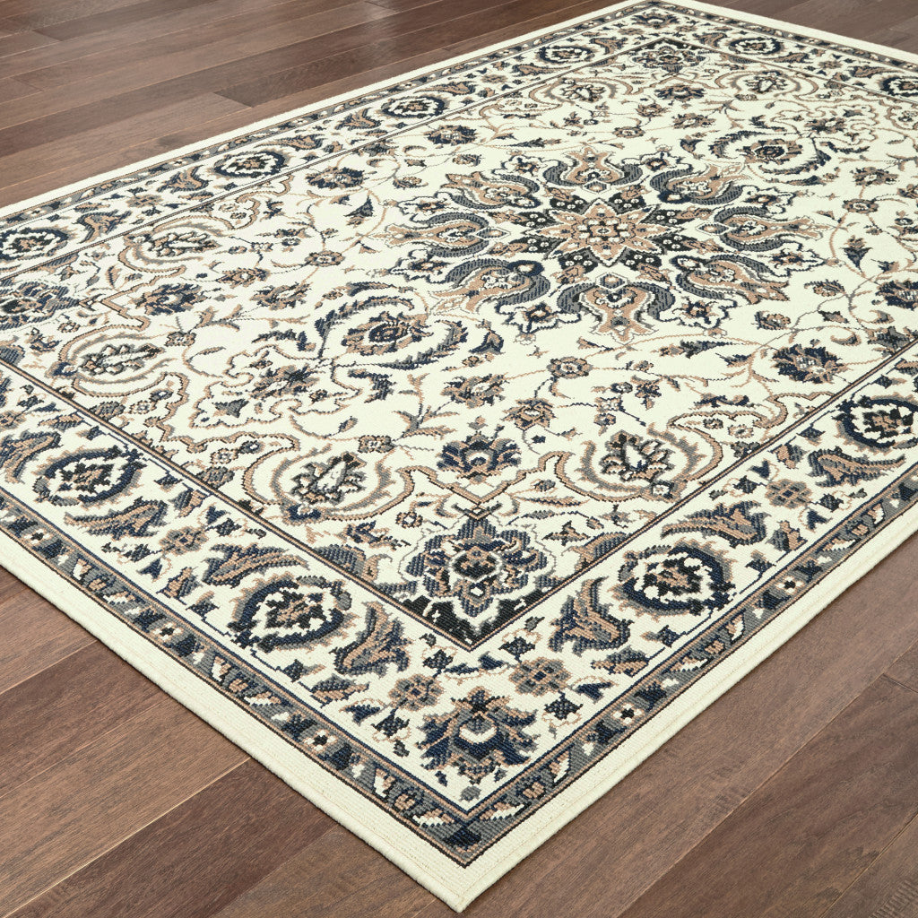 2' X 4' Ivory and Blue Oriental Stain Resistant Indoor Outdoor Area Rug