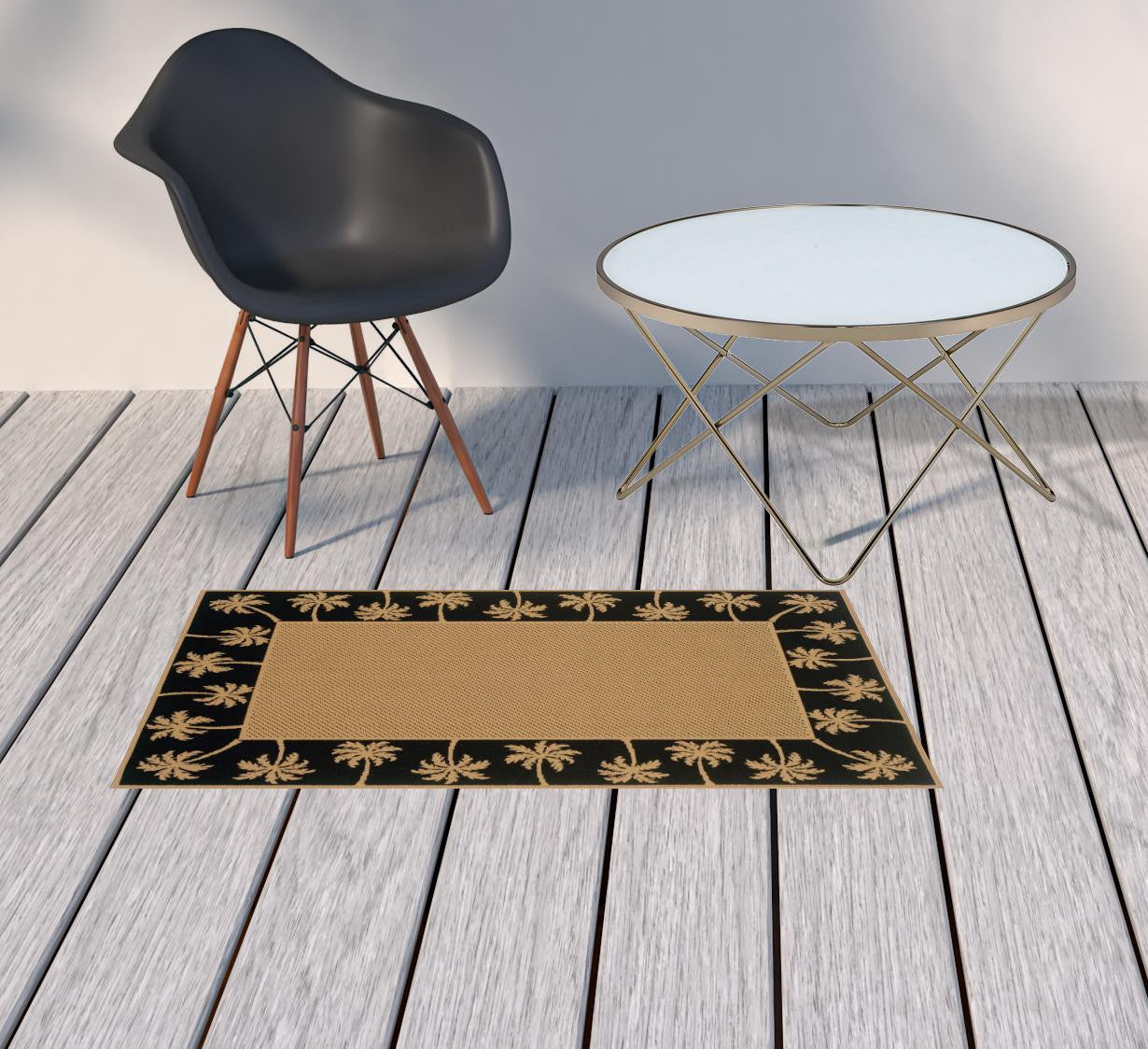 2' X 4' Beige and Black Stain Resistant Indoor Outdoor Area Rug