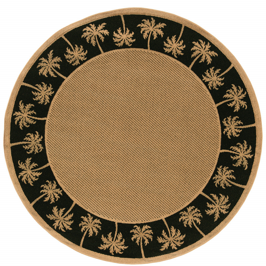 8' x 8' Beige and Black Round Stain Resistant Indoor Outdoor Area Rug