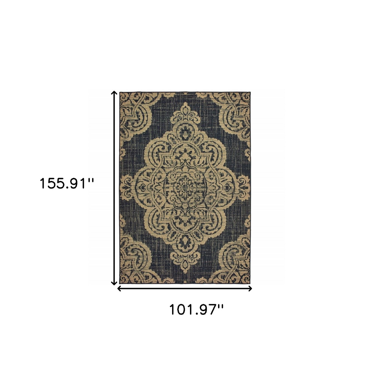 9' X 13' Black and Tan Oriental Stain Resistant Indoor Outdoor Area Rug