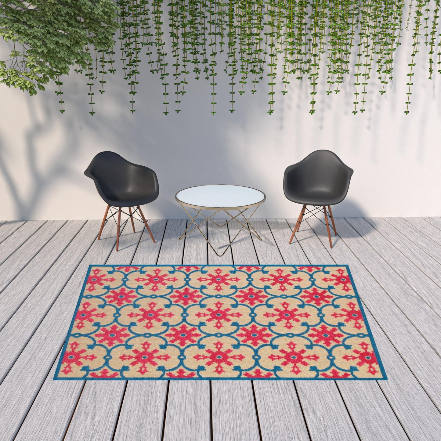 7' x 10' Blue and Beige Oriental Stain Resistant Indoor Outdoor Area Rug