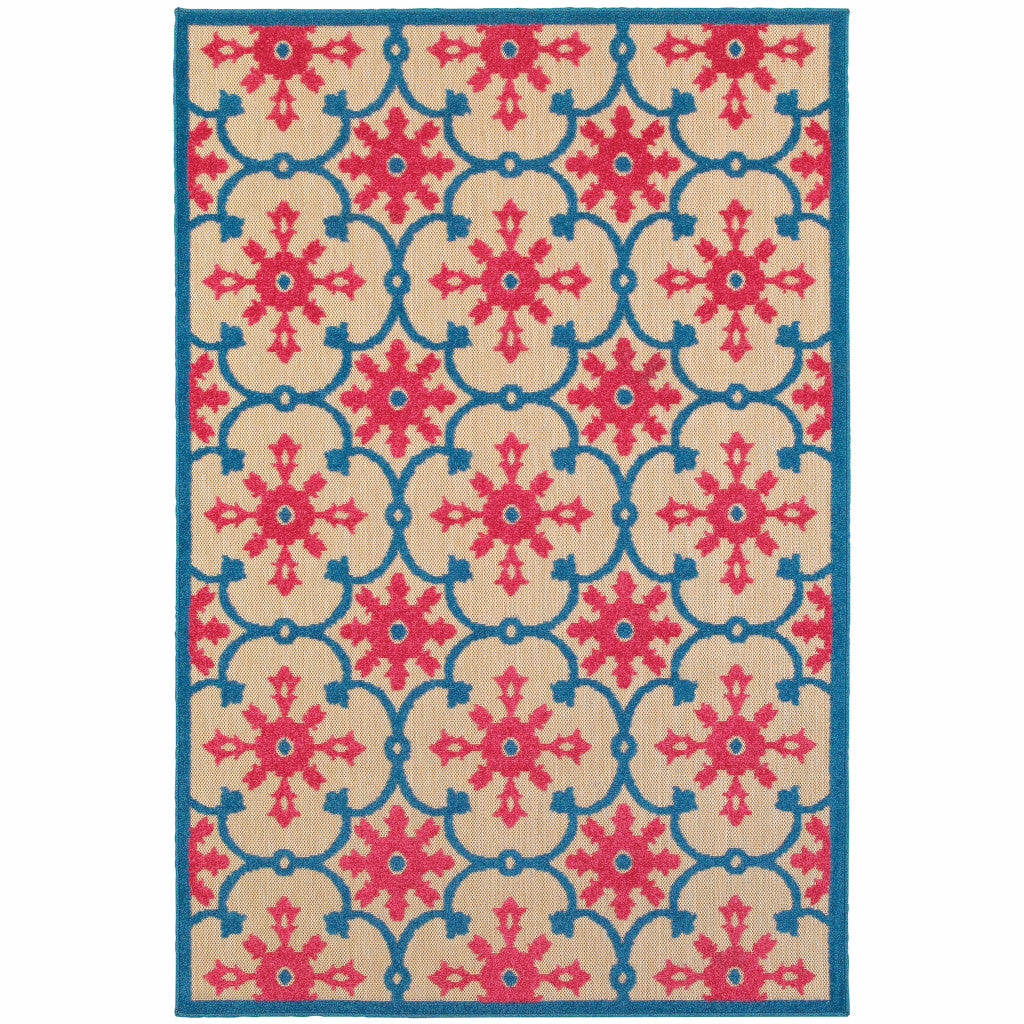 7' x 10' Blue and Beige Oriental Stain Resistant Indoor Outdoor Area Rug