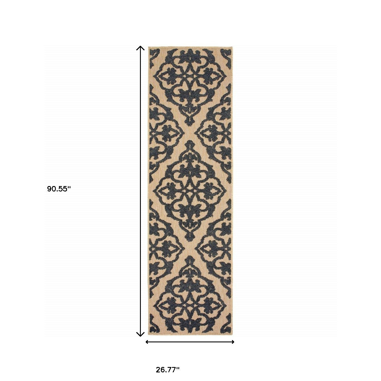 2' X 8' Beige and Black Oriental Stain Resistant Indoor Outdoor Area Rug