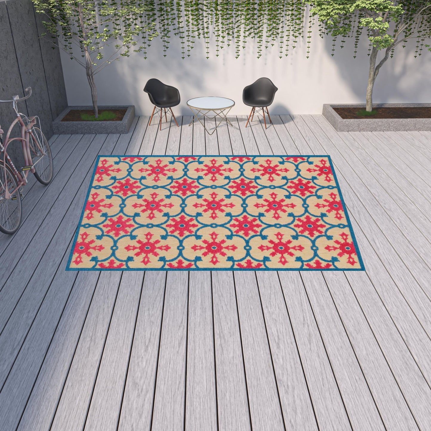 10' x 13' Blue and Beige Oriental Stain Resistant Indoor Outdoor Area Rug