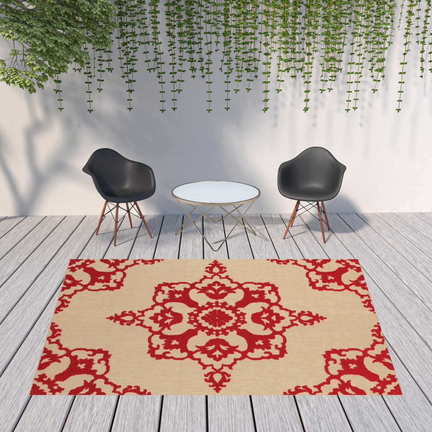 8' x 11' Red Oriental Stain Resistant Indoor Outdoor Area Rug