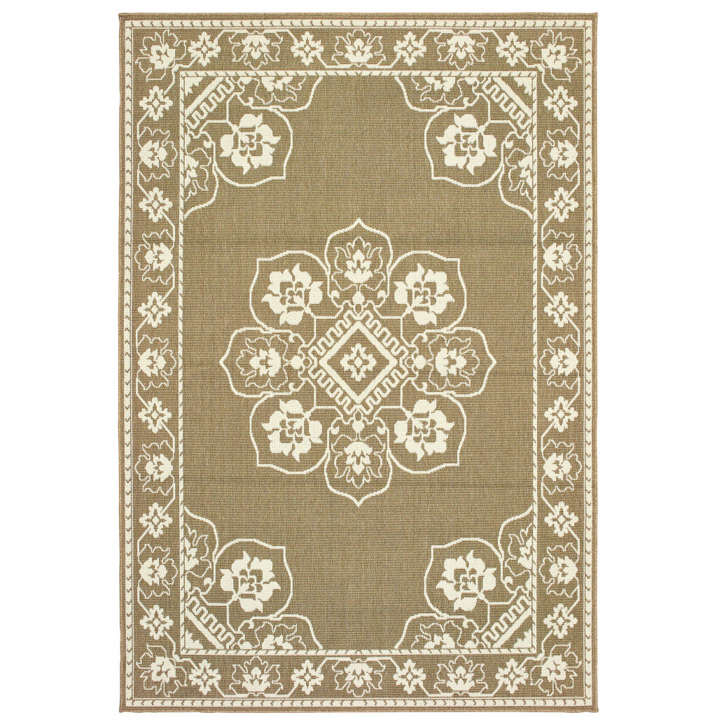 7' x 10' Tan Oriental Stain Resistant Indoor Outdoor Area Rug