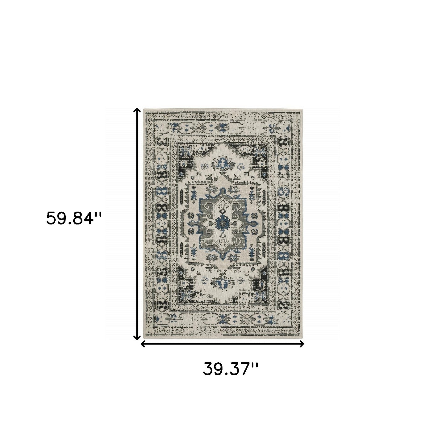 3' X 5' Blue and Beige Oriental Stain Resistant Indoor Outdoor Area Rug