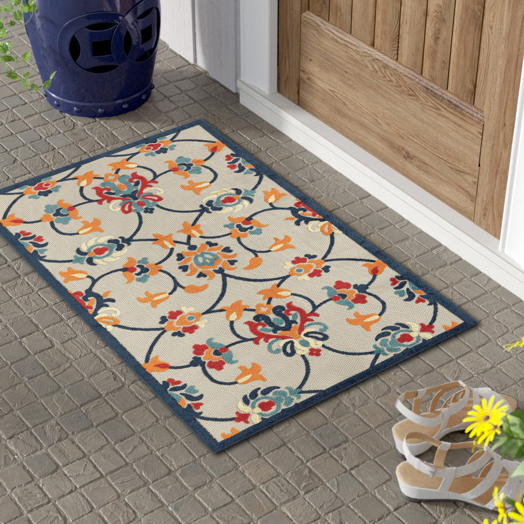 2' X 3' Blue And Orange Floral Non Skid Indoor Outdoor Area Rug