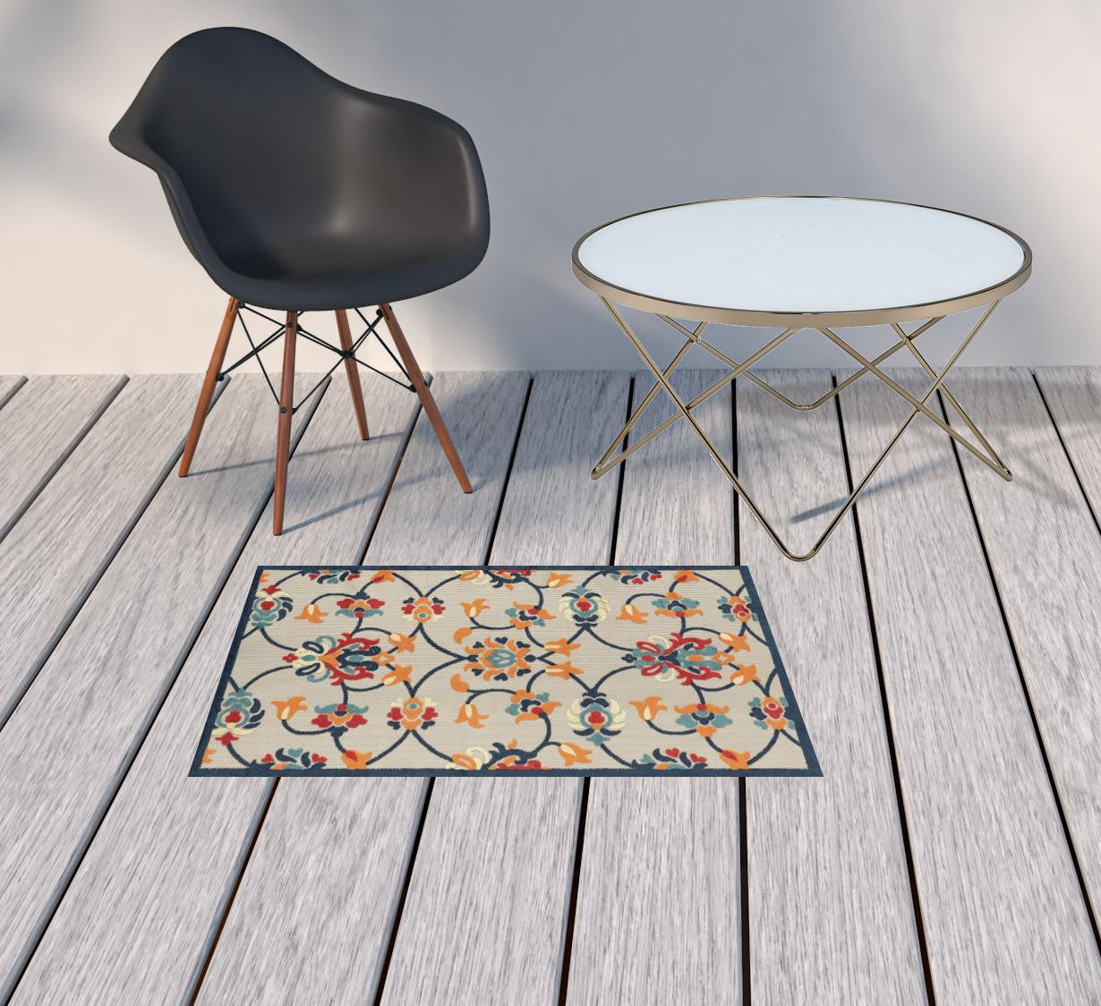 2' X 3' Blue And Orange Floral Non Skid Indoor Outdoor Area Rug