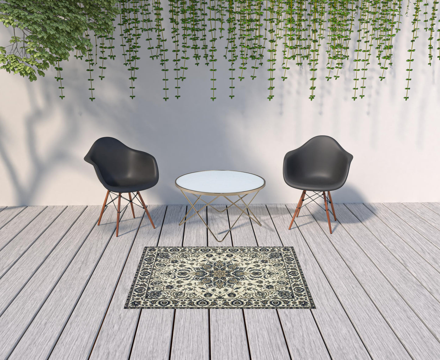 4' x 6' Ivory and Blue Oriental Stain Resistant Indoor Outdoor Area Rug