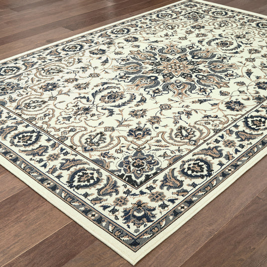 5' x 8' Ivory and Blue Oriental Stain Resistant Indoor Outdoor Area Rug