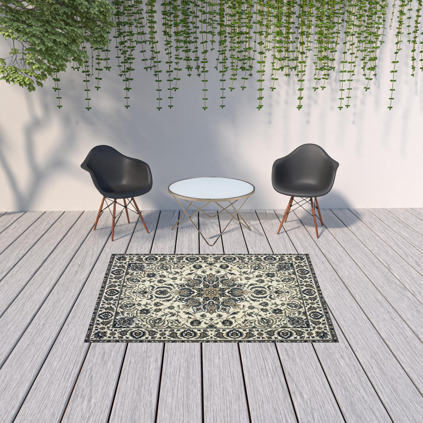 5' x 8' Ivory and Blue Oriental Stain Resistant Indoor Outdoor Area Rug