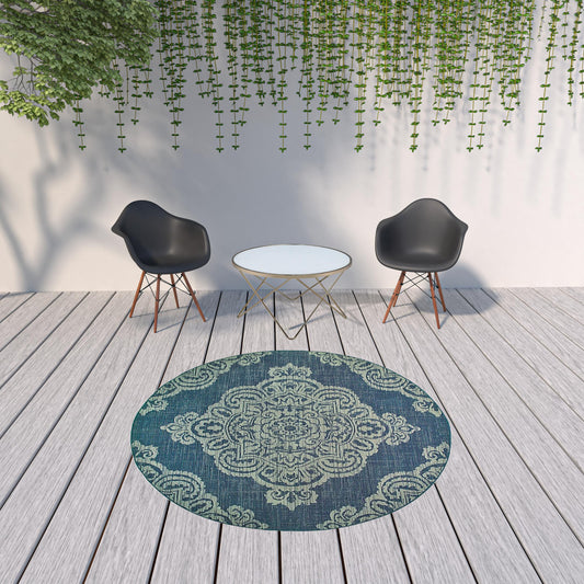 8' x 8' Blue Round Oriental Stain Resistant Indoor Outdoor Area Rug