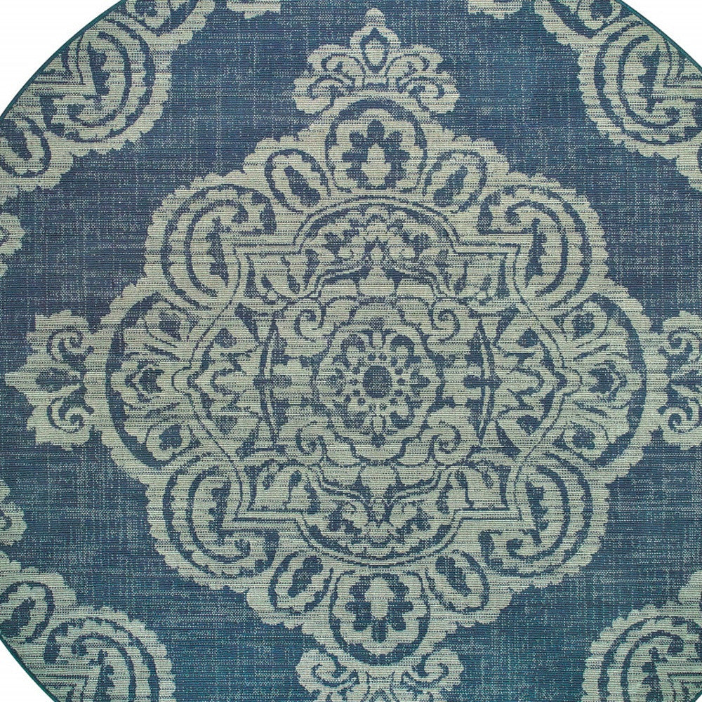 8' x 8' Blue Round Oriental Stain Resistant Indoor Outdoor Area Rug