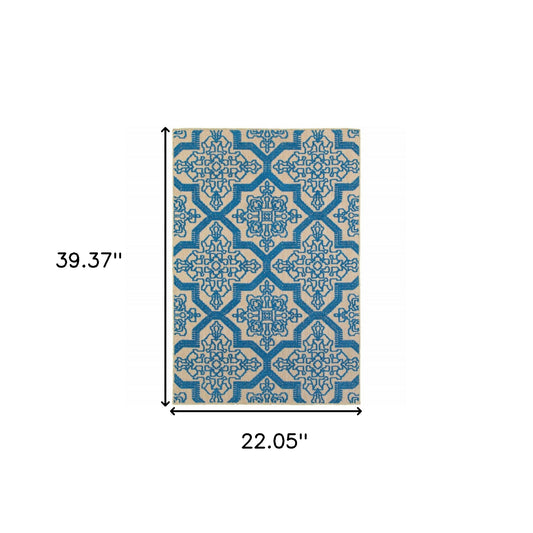 2' x 3' Blue and Beige Oriental Stain Resistant Indoor Outdoor Area Rug