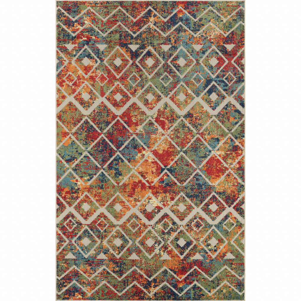 4' X 6' Red And Ivory Geometric Non Skid Indoor Outdoor Area Rug