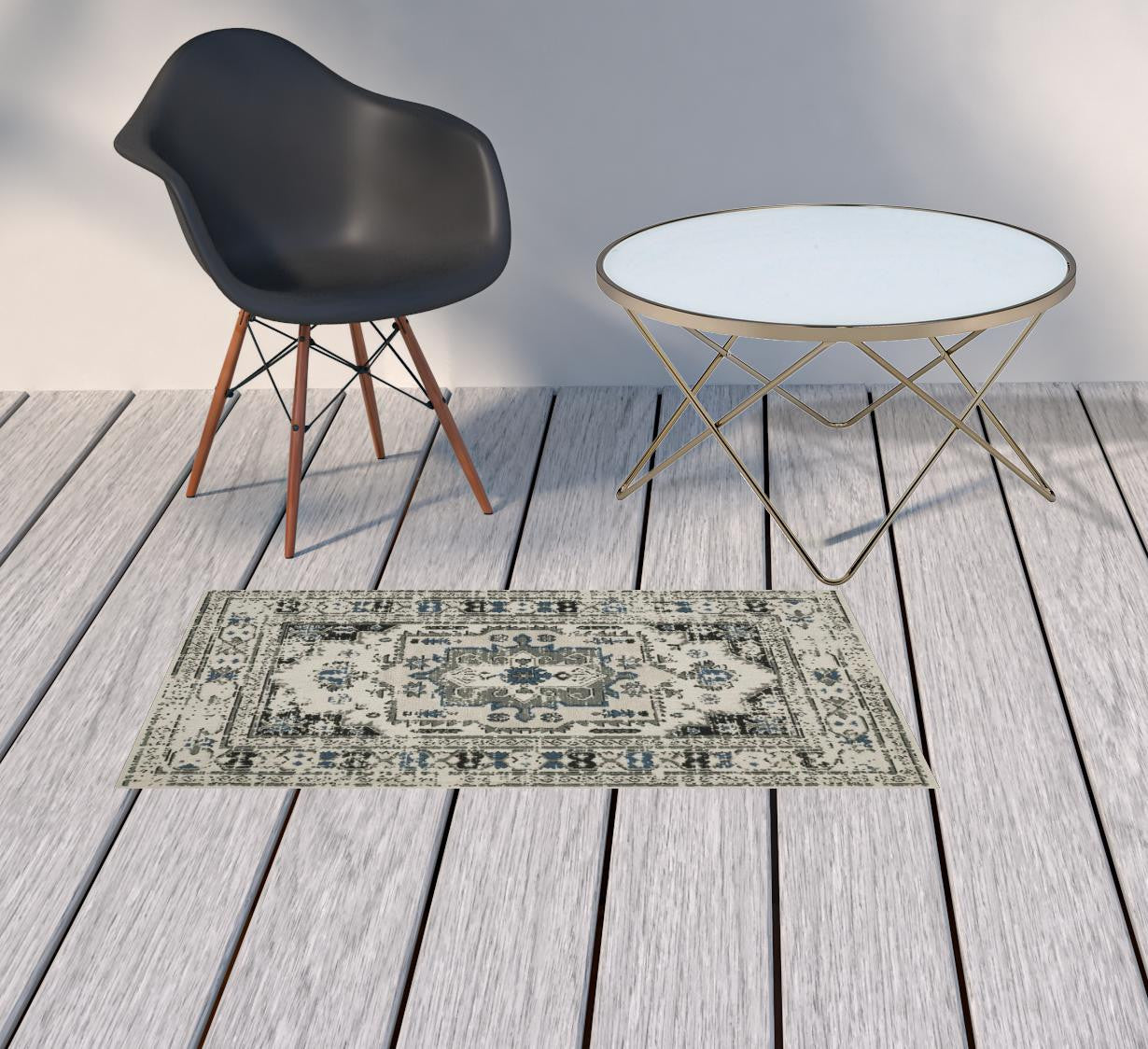 2' X 4' Blue and Beige Oriental Stain Resistant Indoor Outdoor Area Rug