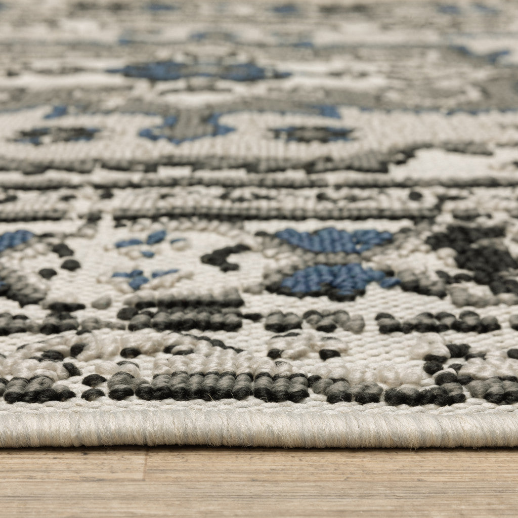 2' X 4' Blue and Beige Oriental Stain Resistant Indoor Outdoor Area Rug