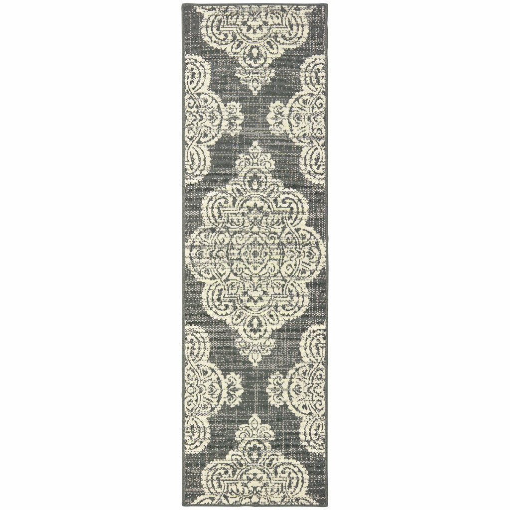 2' X 8' Gray and Ivory Oriental Stain Resistant Indoor Outdoor Area Rug