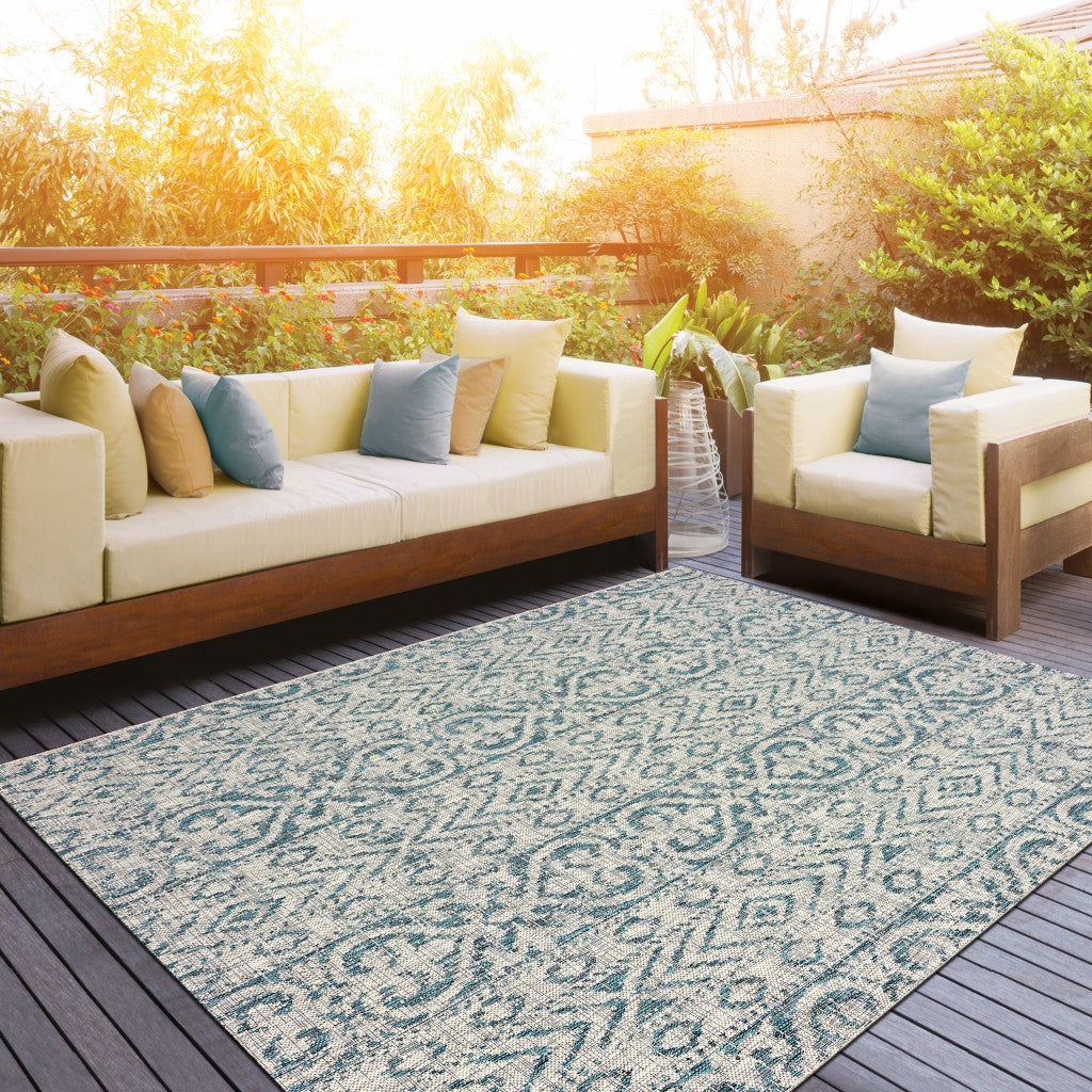 3' X 5' Blue Damask Indoor Outdoor Area Rug