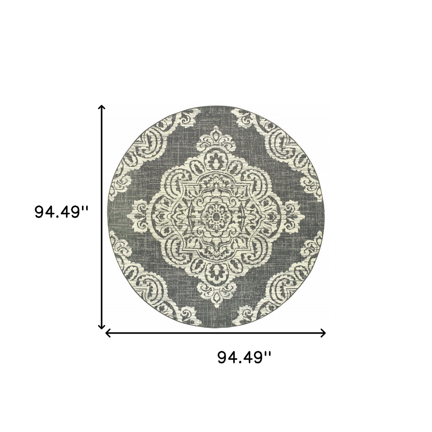 8' x 8' Gray and Ivory Round Oriental Stain Resistant Indoor Outdoor Area Rug