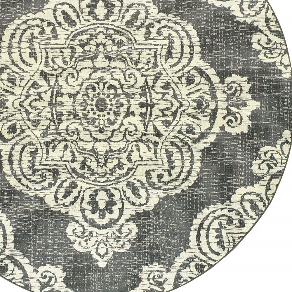 8' x 8' Gray and Ivory Round Oriental Stain Resistant Indoor Outdoor Area Rug