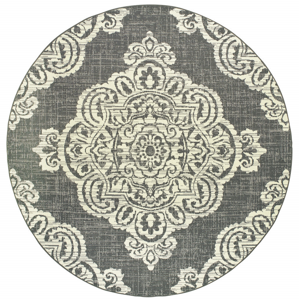 8' x 8' Gray and Ivory Round Oriental Stain Resistant Indoor Outdoor Area Rug