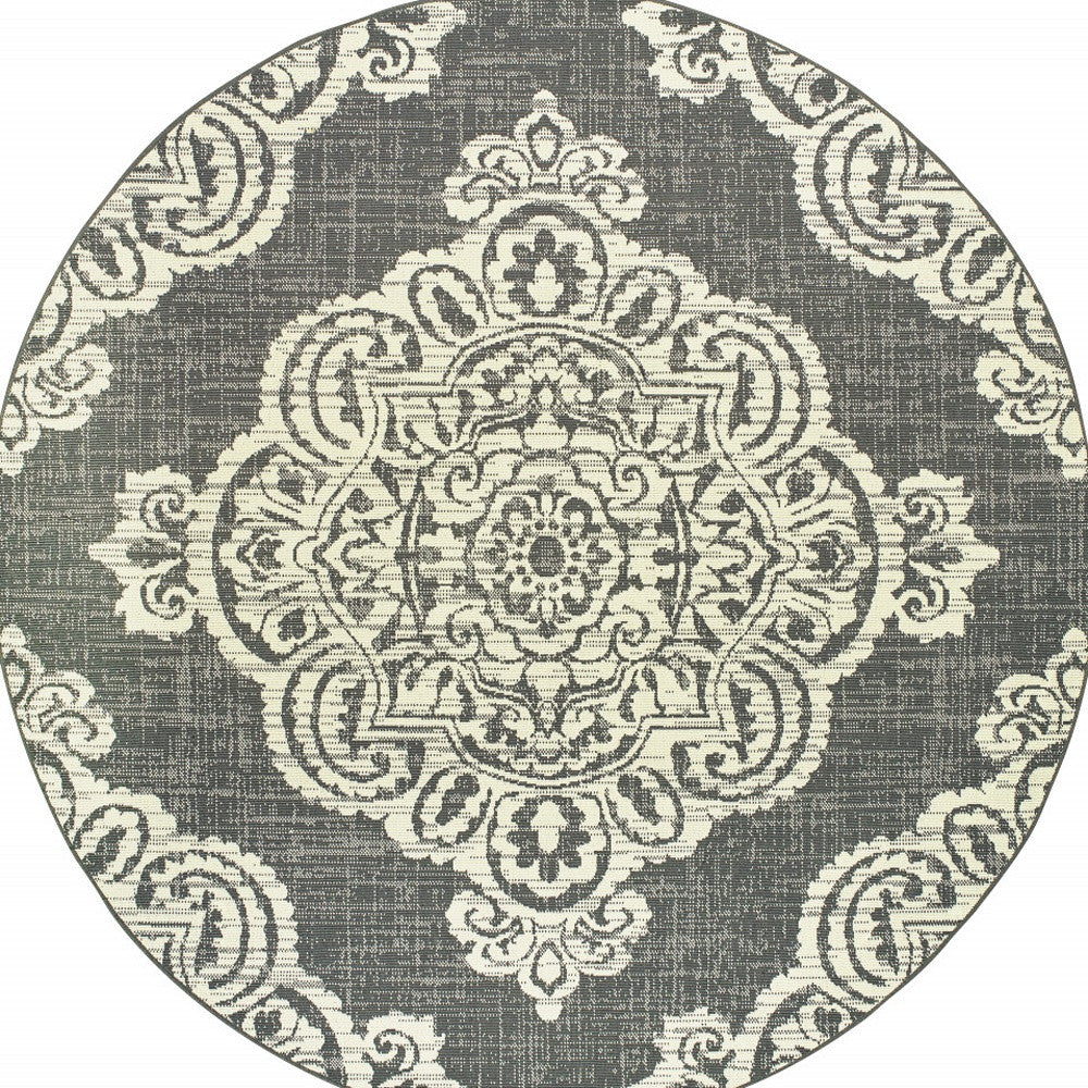 8' x 8' Gray and Ivory Round Oriental Stain Resistant Indoor Outdoor Area Rug