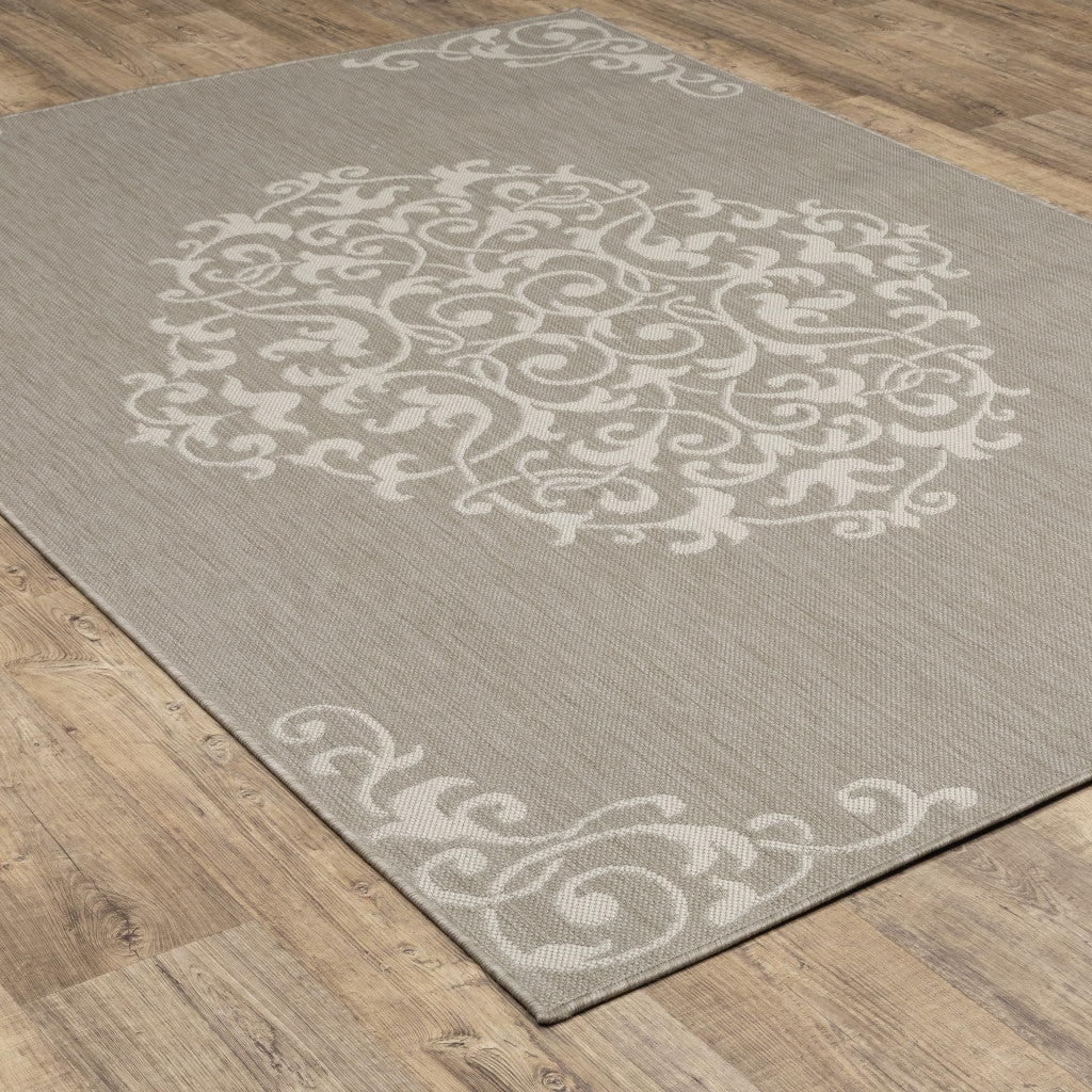 10' x 13' Gray and Ivory Oriental Stain Resistant Indoor Outdoor Area Rug