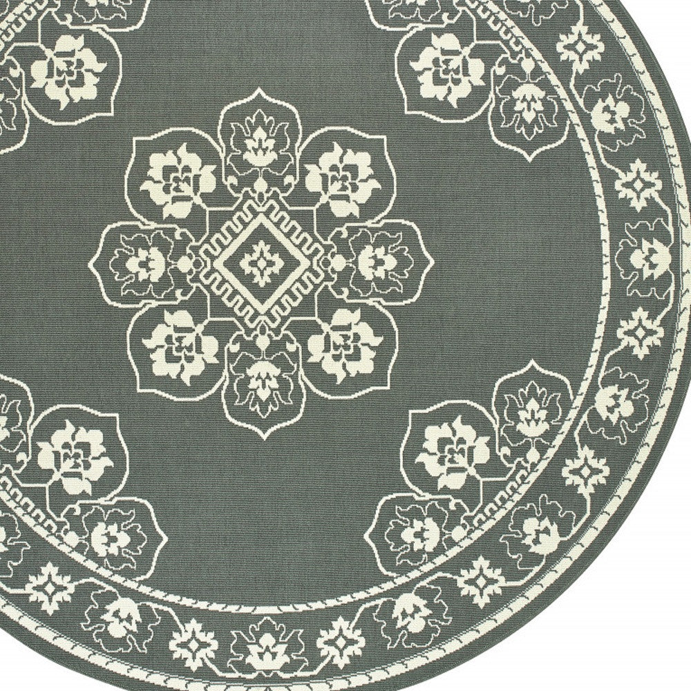 8' x 8' Gray and Ivory Round Oriental Stain Resistant Indoor Outdoor Area Rug