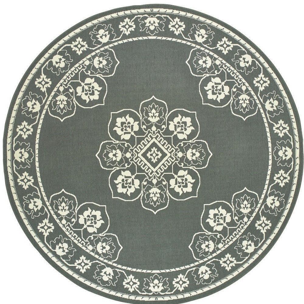 8' x 8' Gray and Ivory Round Oriental Stain Resistant Indoor Outdoor Area Rug