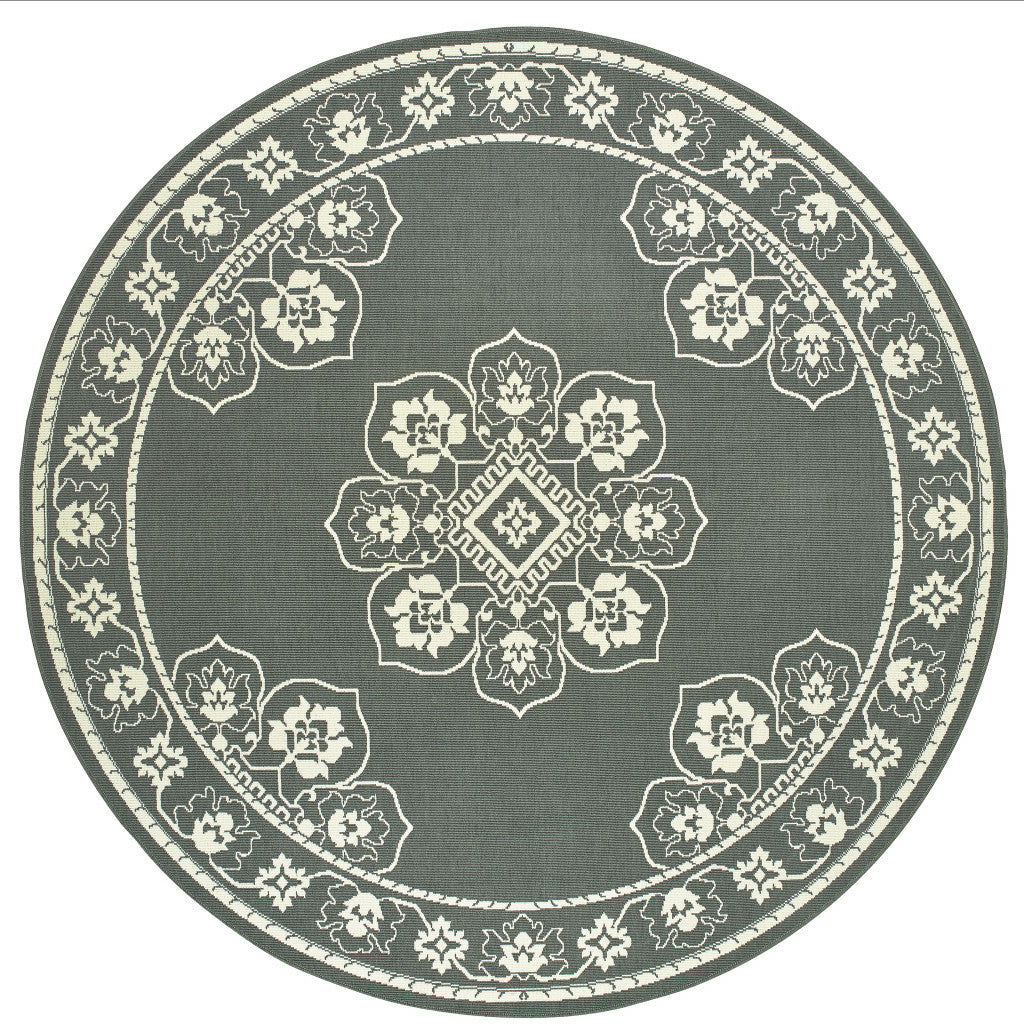 8' x 8' Gray and Ivory Round Oriental Stain Resistant Indoor Outdoor Area Rug