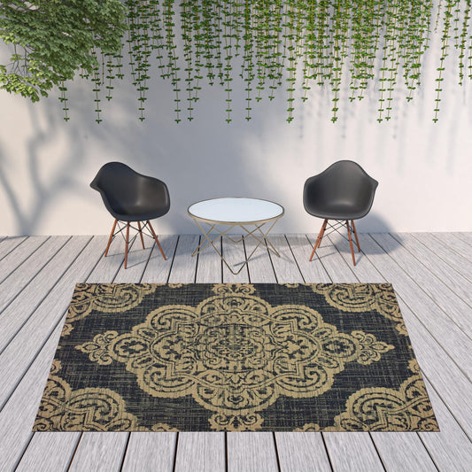 8' x 11' Black and Tan Oriental Stain Resistant Indoor Outdoor Area Rug