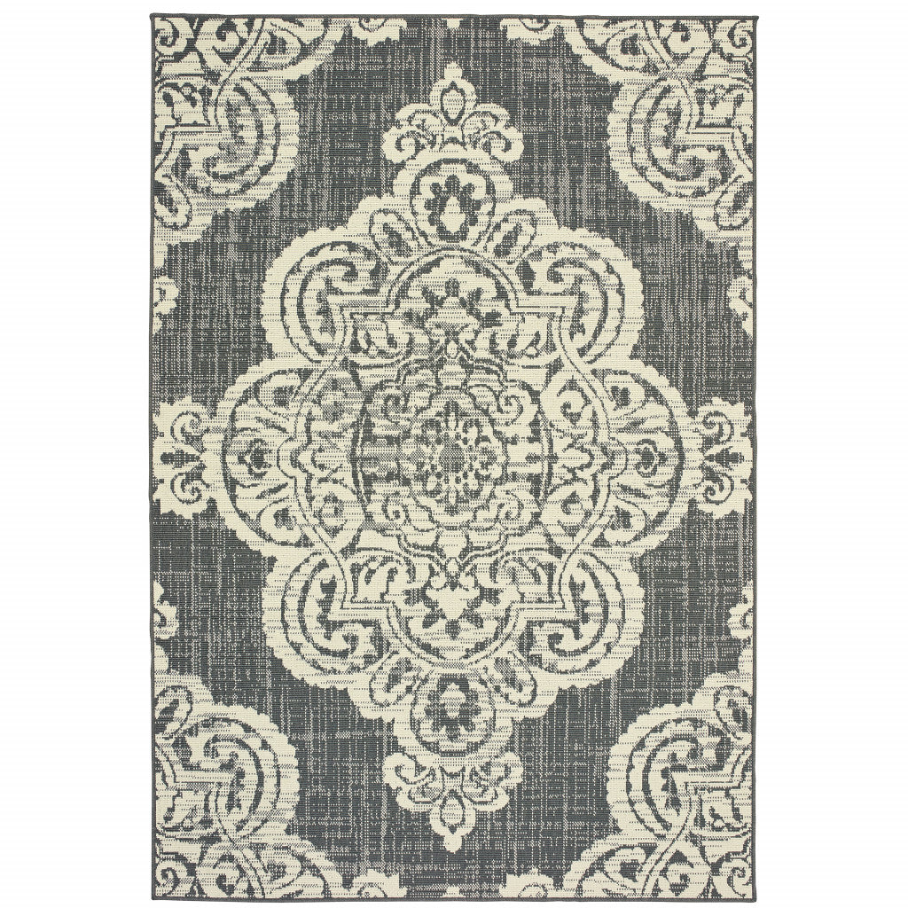 4' x 6' Gray and Ivory Oriental Stain Resistant Indoor Outdoor Area Rug