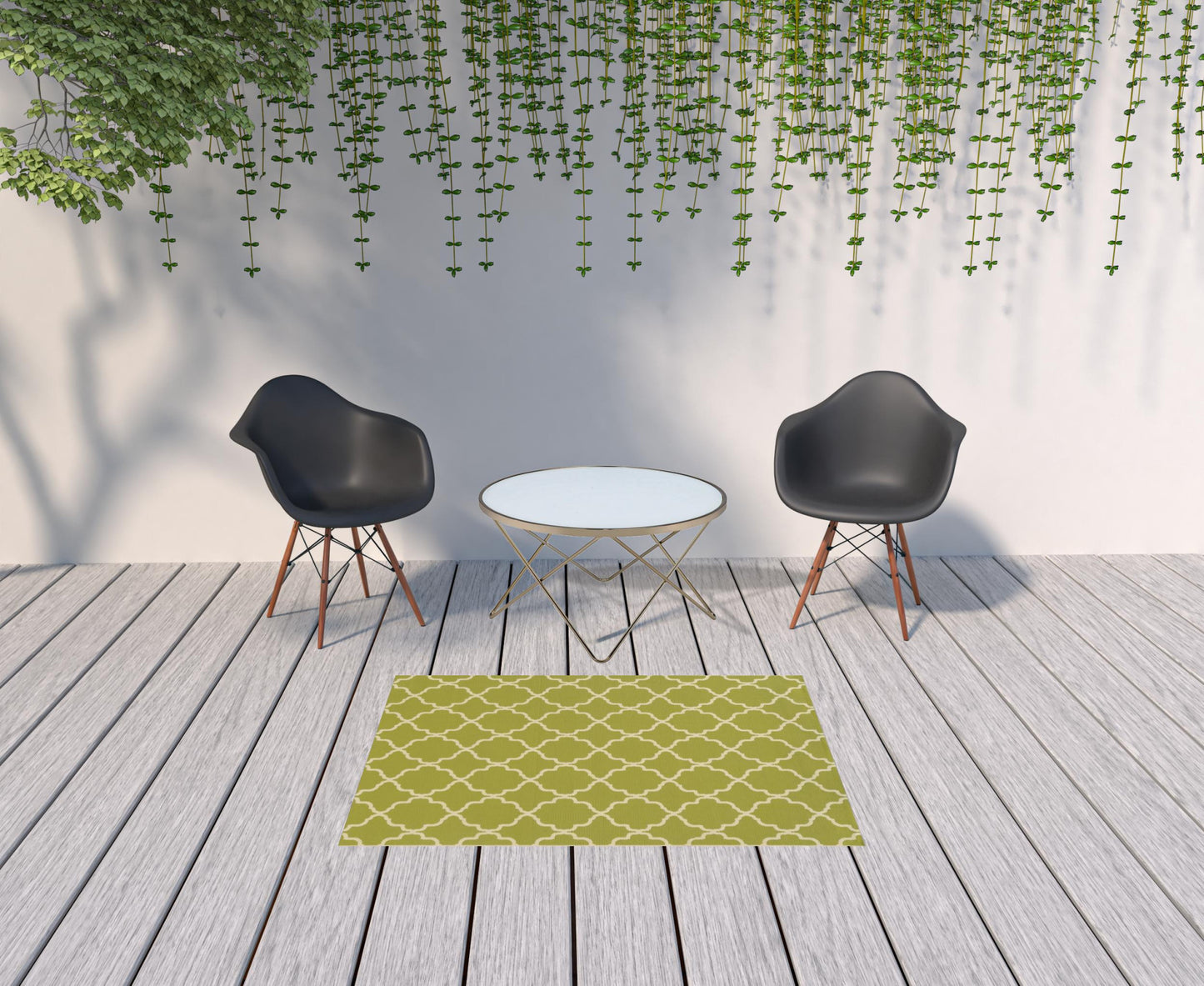 4' x 6' Green and Ivory Geometric Stain Resistant Indoor Outdoor Area Rug