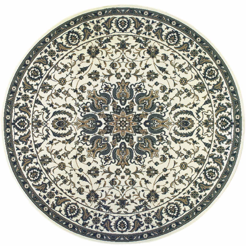 8' x 8' Ivory and Blue Round Oriental Stain Resistant Indoor Outdoor Area Rug