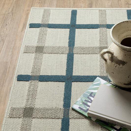 3' X 5' Blue and Beige Geometric Stain Resistant Indoor Outdoor Area Rug