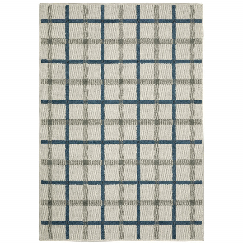 3' X 5' Blue and Beige Geometric Stain Resistant Indoor Outdoor Area Rug