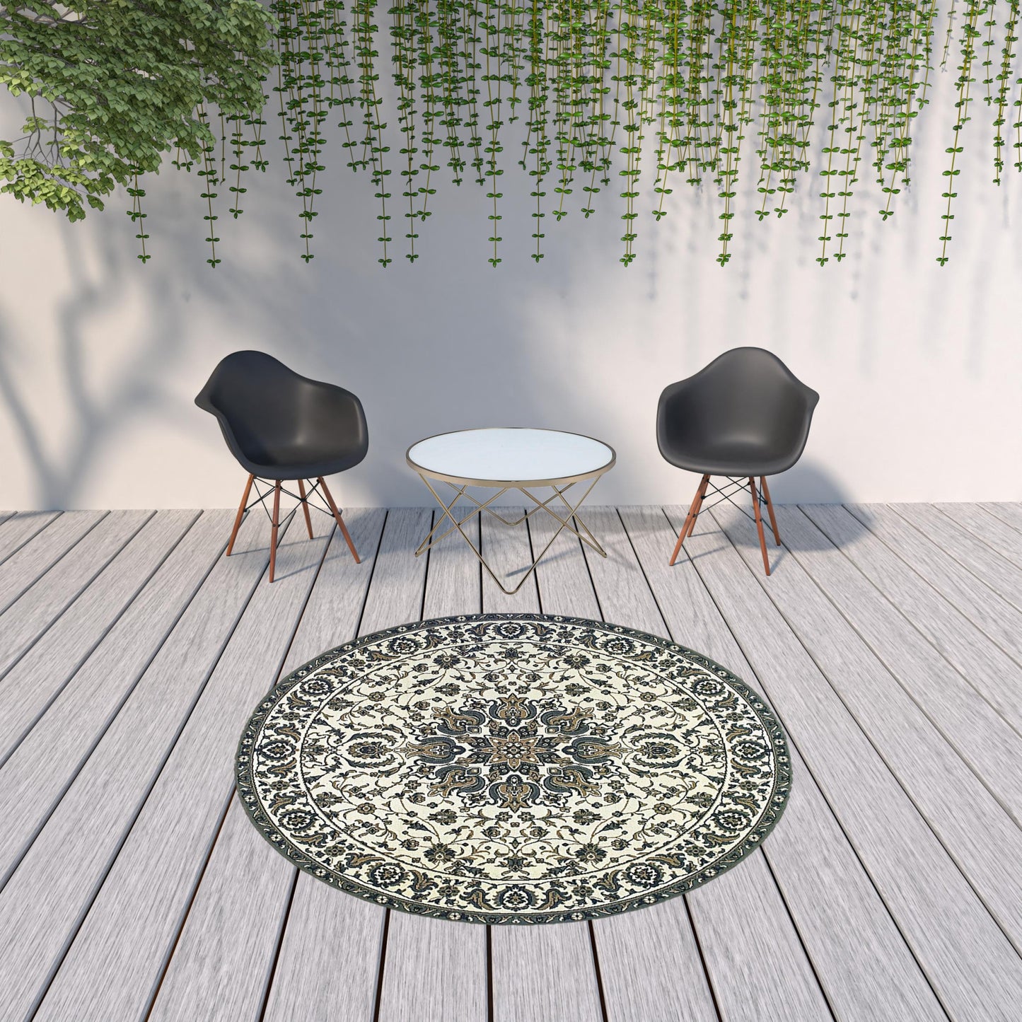 8' x 8' Ivory and Blue Round Oriental Stain Resistant Indoor Outdoor Area Rug